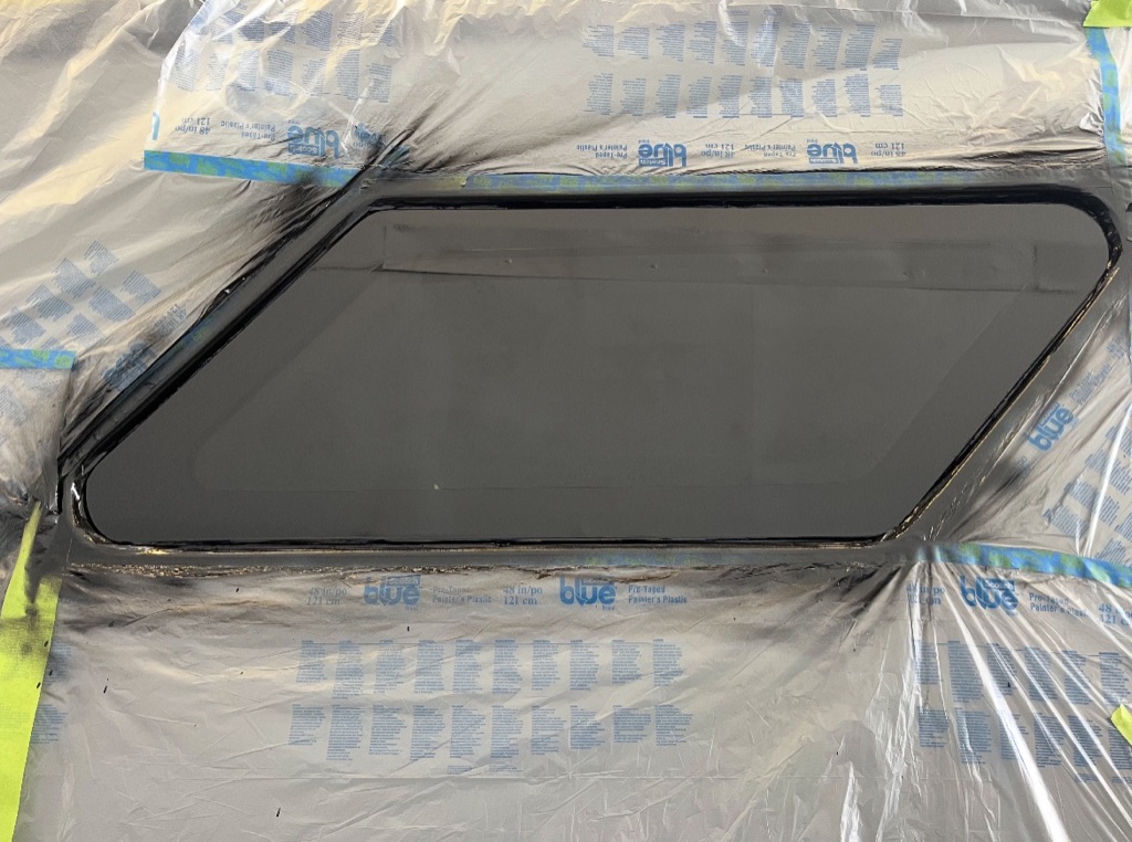 Window frame fiberglass repair with protective masking