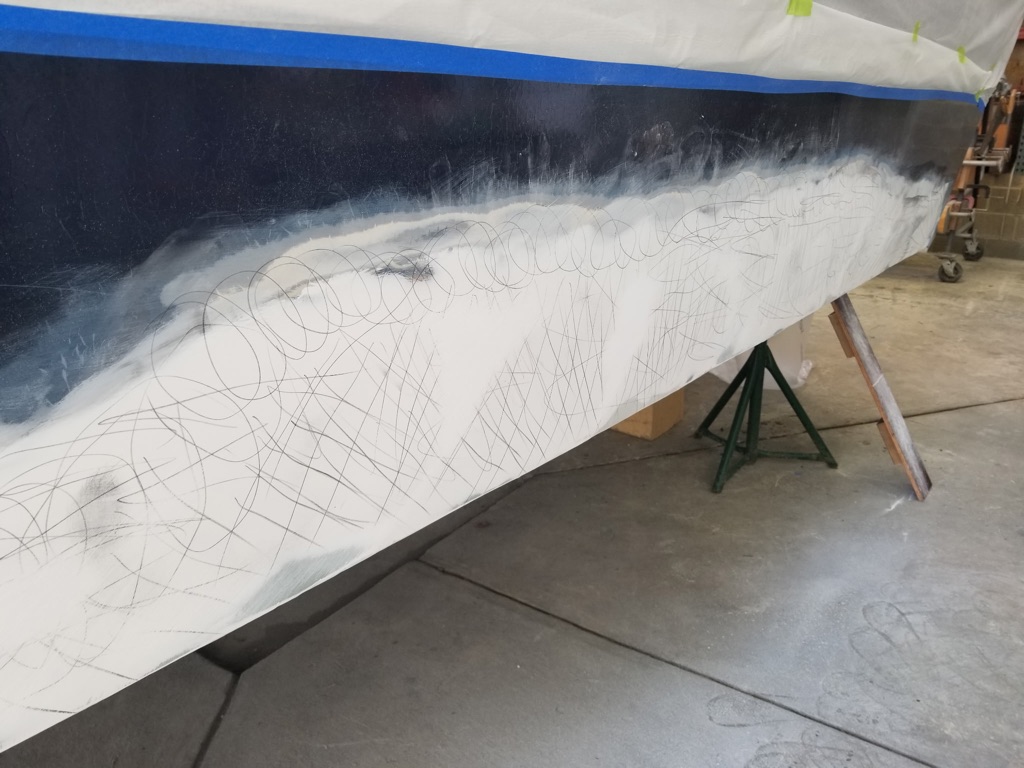 Navy blue hull fiberglass restoration with grid pattern